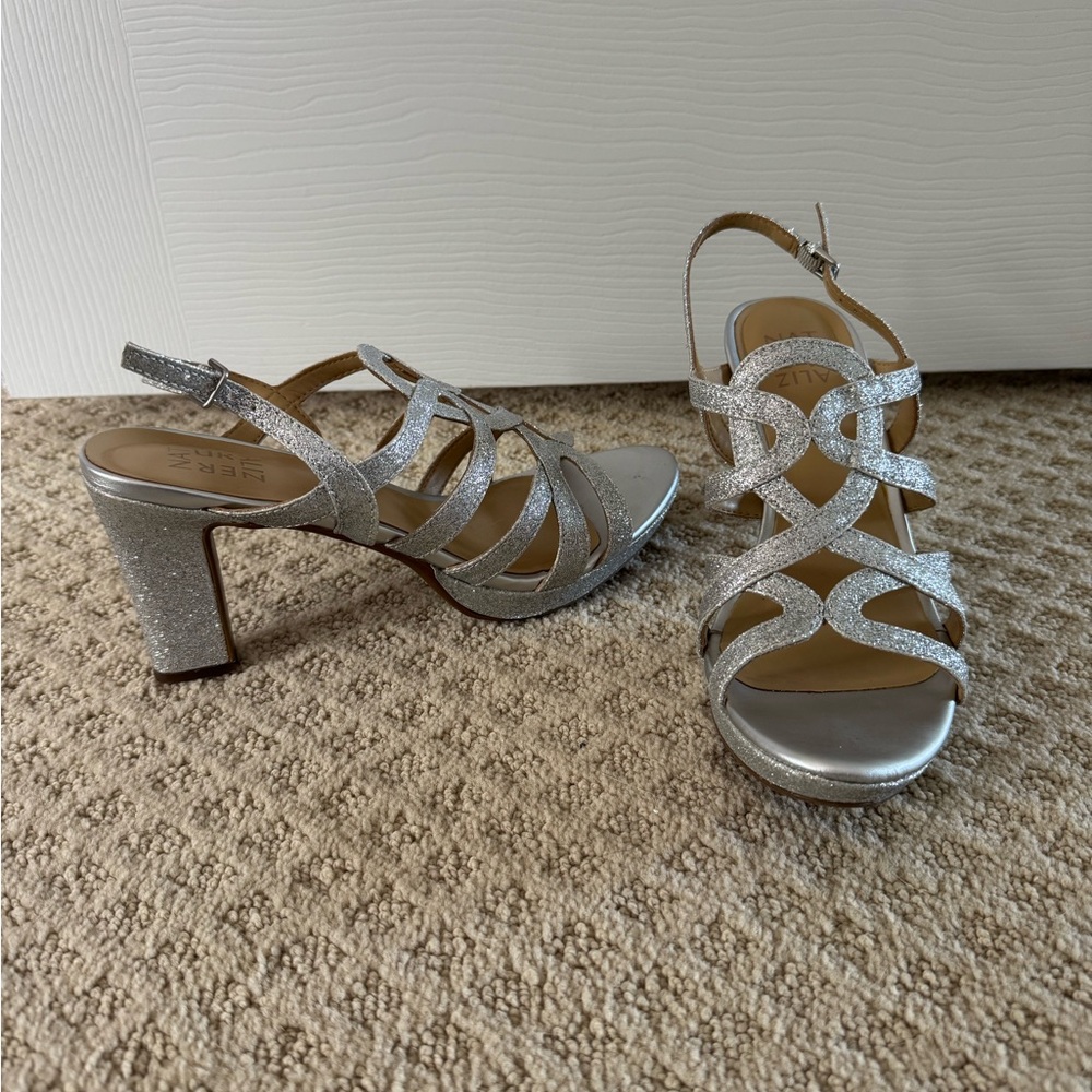 Naturalizer Silver Sparkly Strappy Heels with Block Heel